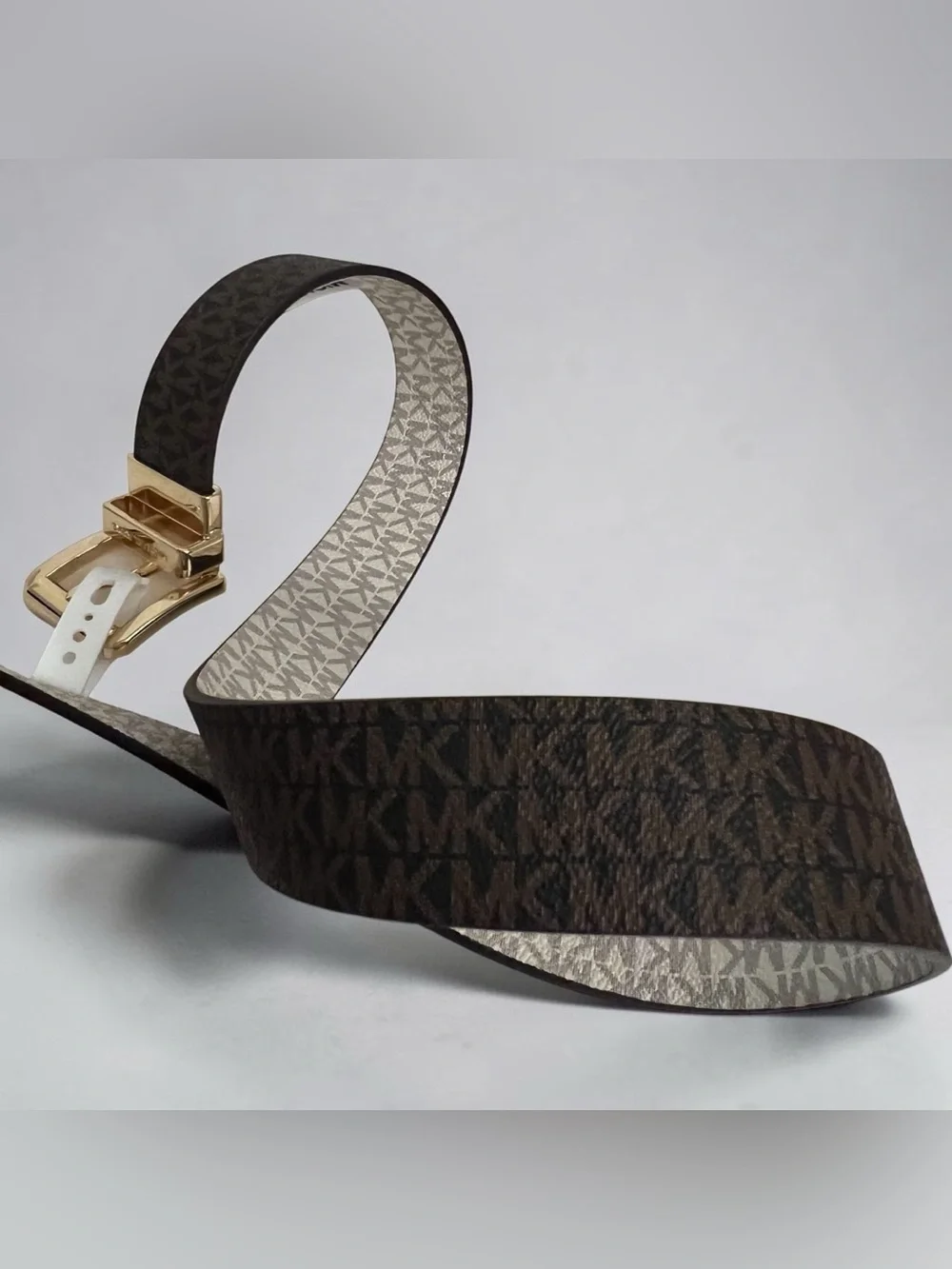 Michael Kors Reversible Logo Belt in Brown and Beige with Gold Buckle